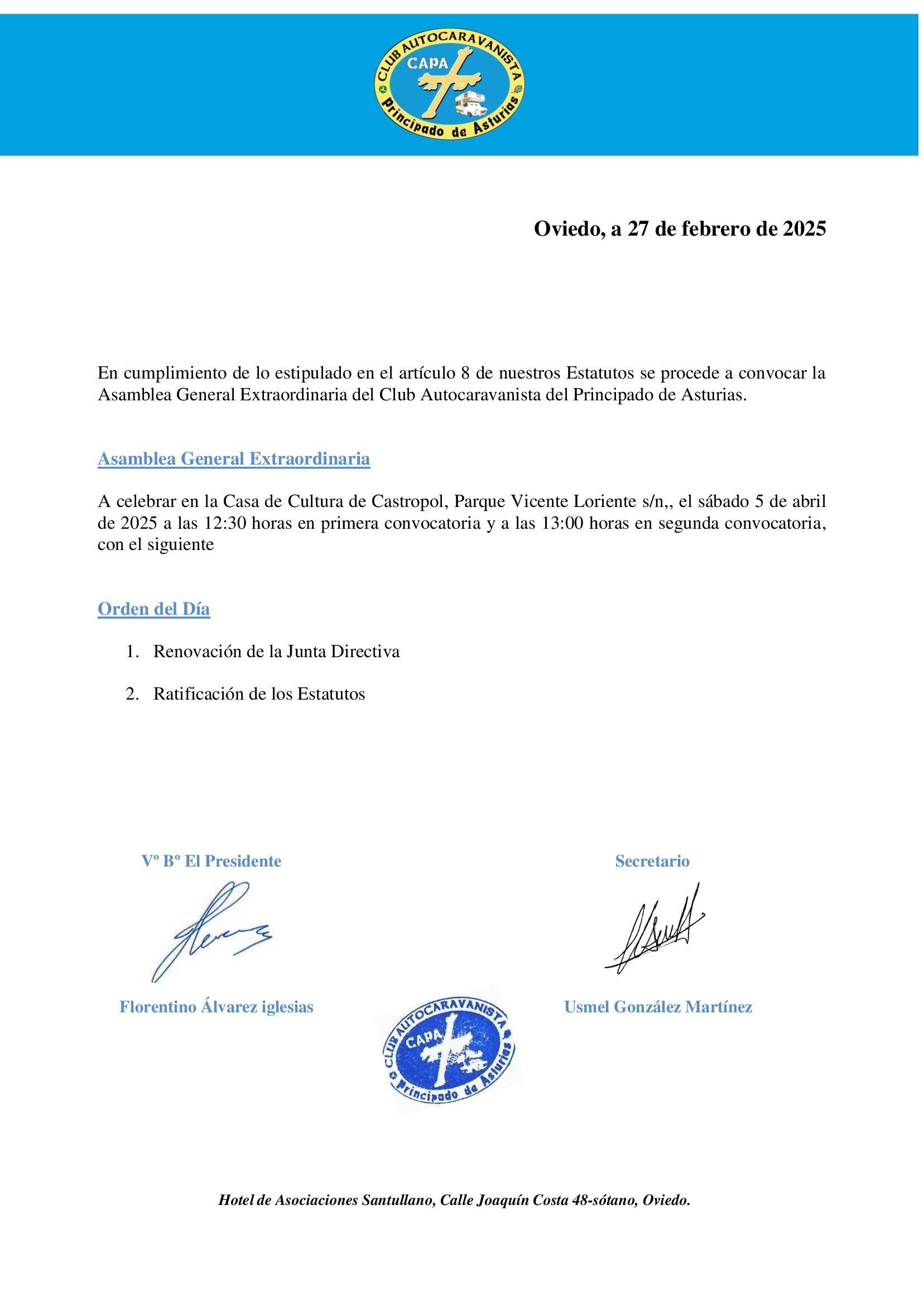 CONVOCATORIA ASAMBLEA EXTRAORDINARIA