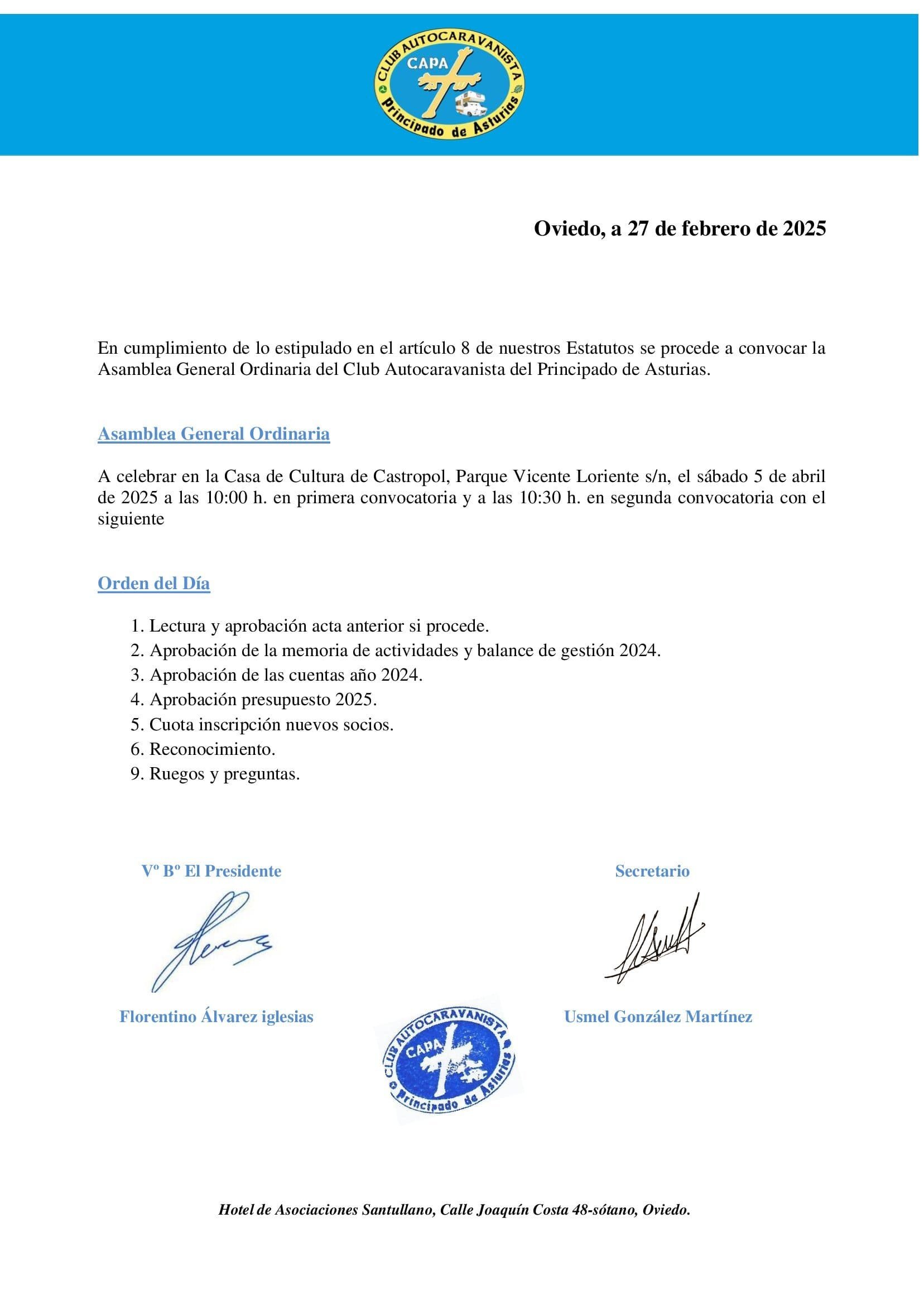 CONVOCATORIA ASAMBLEA ORDINARIA